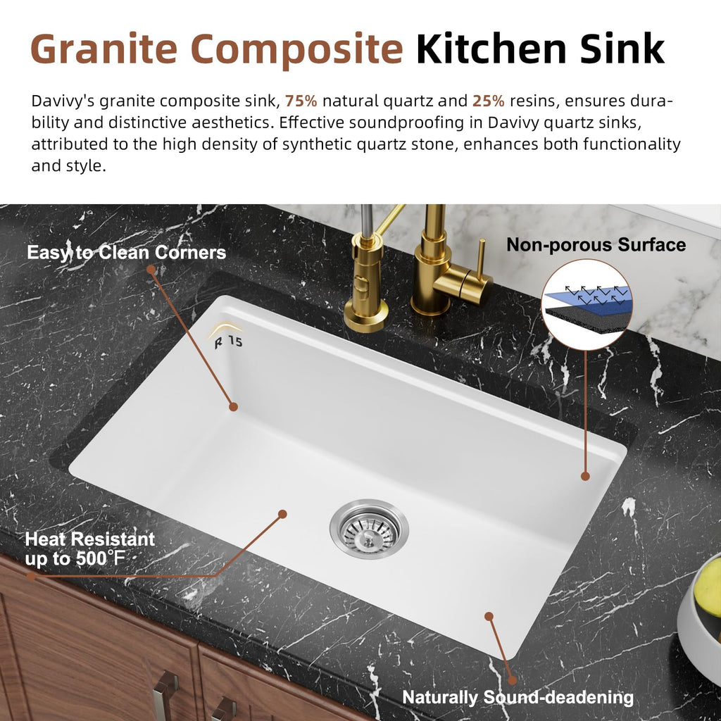 White Undermount Kitchen Sink 27 Inch, 27 x 18 Dual Mount Granite Composite Workstation Kitchen Sink, Deep Single
