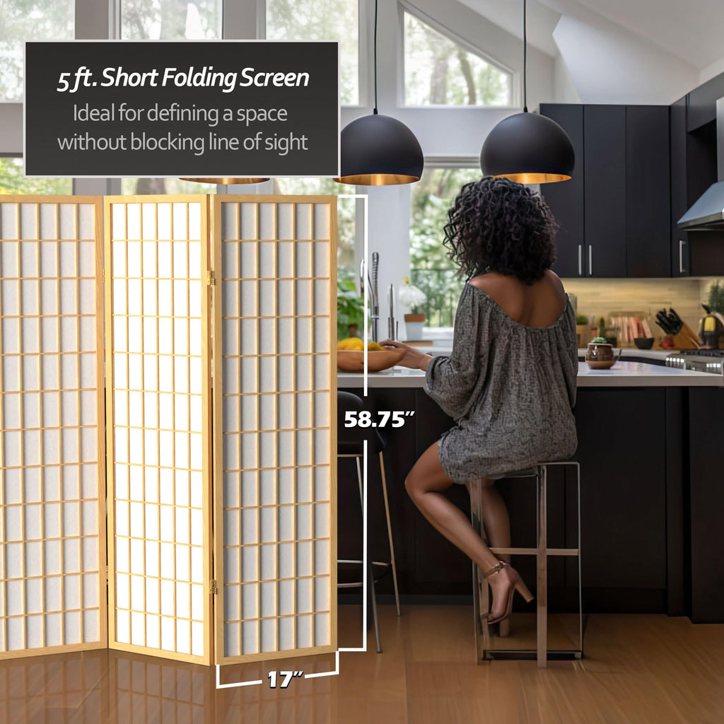 5 ft. Tall Window Pane Shoji Screen - Natural - 3 Panels