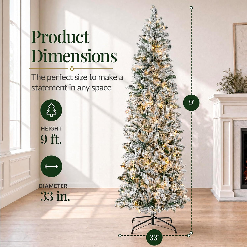 Flocked Pencil Christmas Tree w/Twinkling LEDs, Pre-Lit Slim Artificial Holiday Decoration, Lighted Skinny