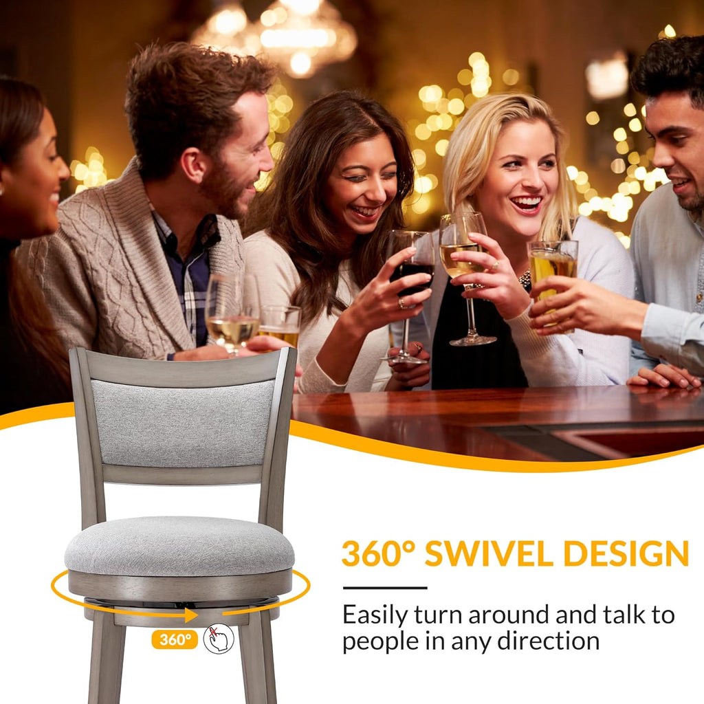 Swivel Bar Stools Set of 2, 30 Inch Bar Height Barstools, High Back Bar Stool with Solid Wood Legs & Wrap-Around