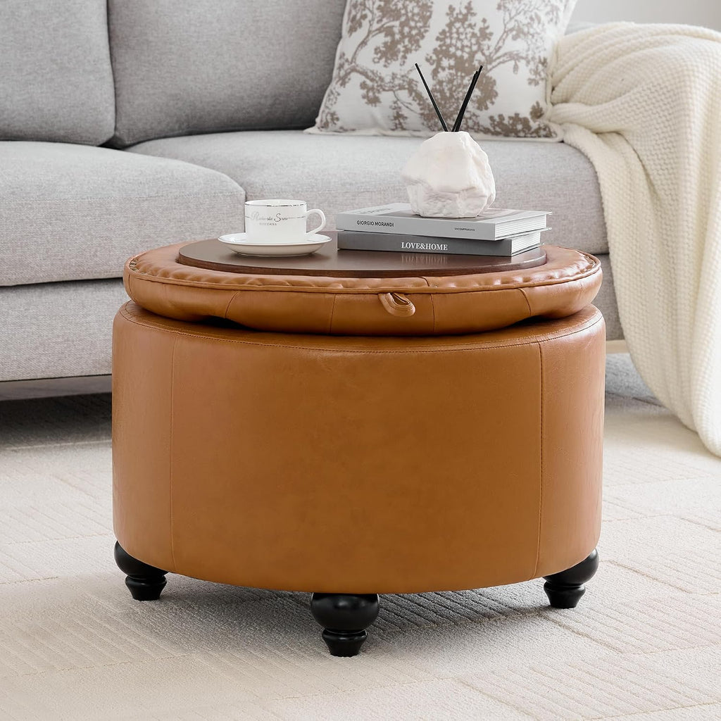 24Inch Round Storage Ottoman with Tray, Modern Tufted Leather Circle Coffee Table with Storage, Upholstered Ottoman