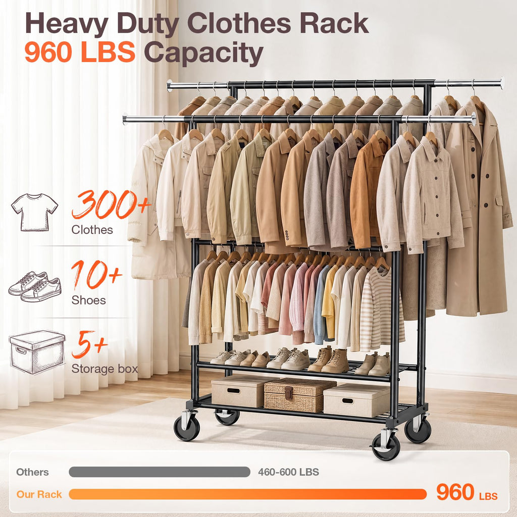 Heavy Duty Clothes Rack Load 960LBS, Adjustable Three Rods Rolling Garment Rack with Double-Layer Bottom Shelf