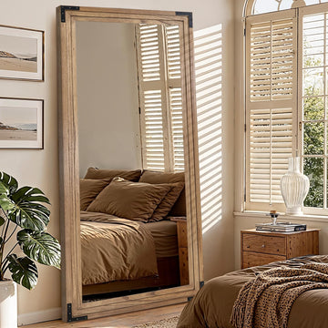 Full Length Mirror 76"x34", Solid Wood Frame Standing Mirror, Oak Color