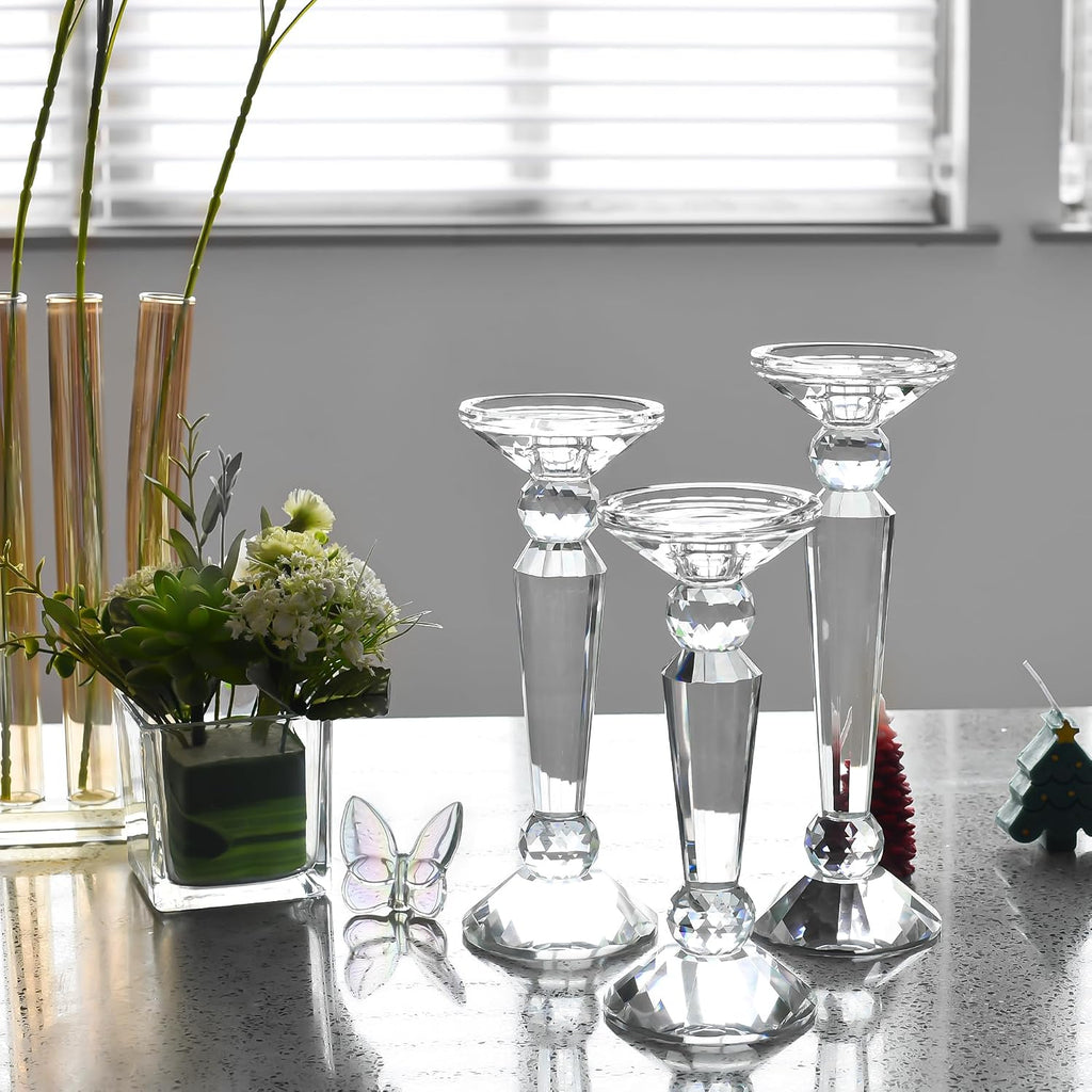 Crystal Candle Stick Holders Set of 3, Clear Crystal Taper/Pillar Candles Holder Table Centerpieces for Party and