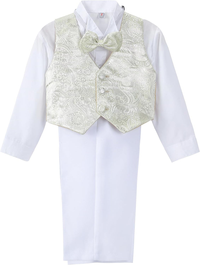 Baby Boy Classic Tuxedo Suit 5 Pcs Set Formal Dress Wear Wedding Outfit with Gold Jacquard Vest, Black/White