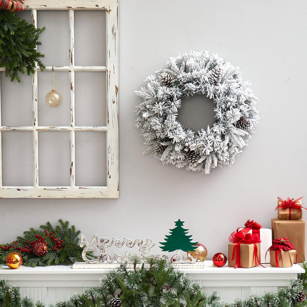 20in. Flocked Artificial Christmas Wreath with 35 Warm White LED Lights