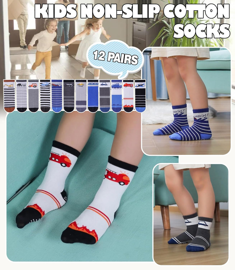 Toddlers Boys Non Slip Grip Socks Crew Cotton Socks with Grippers - 12 Pairs