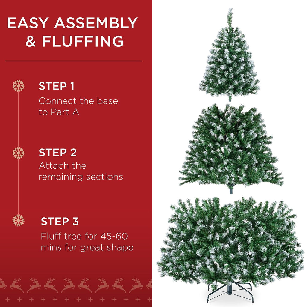 Artificial Frosted Christmas Tree, Premium Pre-Lit Realistic Spruce Holiday Décor w/Dense Branches, Metal Base