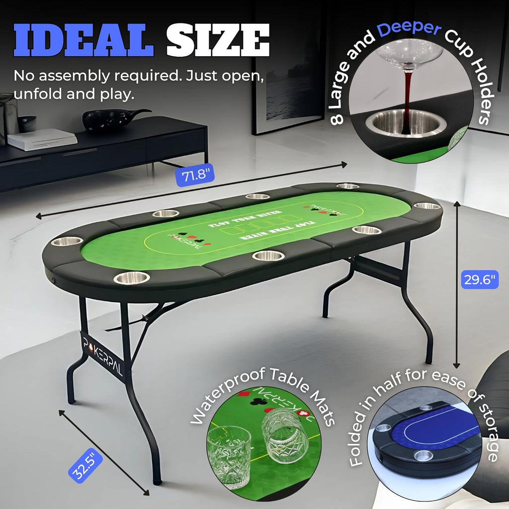 8 Player Poker Table with 2 Interchangeable Game mats, Texas Holdem and Blackjack, Collapsible Casino Table with
