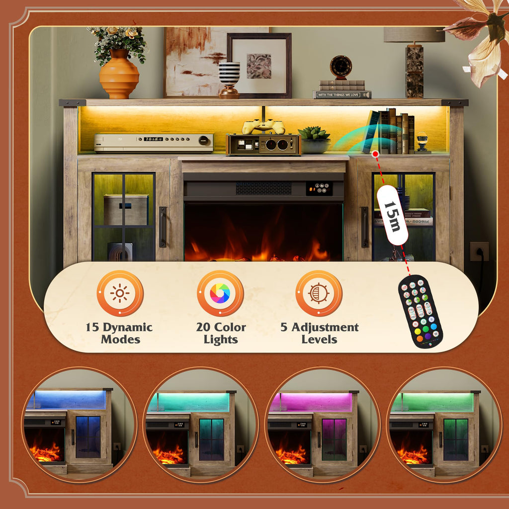 3-Sided Glass Electric for 65 Inch TV, Entertainment Center with 14 Flame Colors & Adjustable LED Storage Cabinets