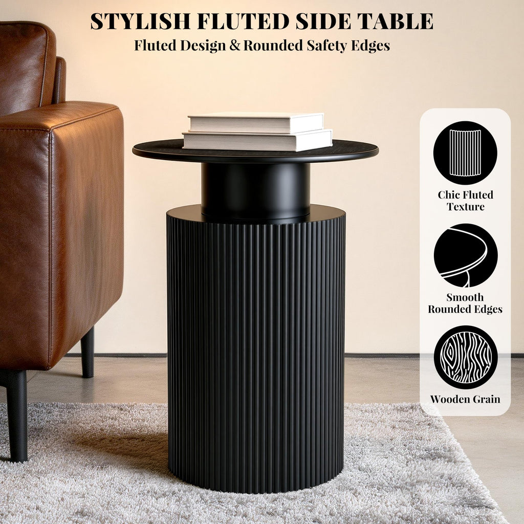 Fluted Side Table with Storage, 24" Round Reversible Wood End Table