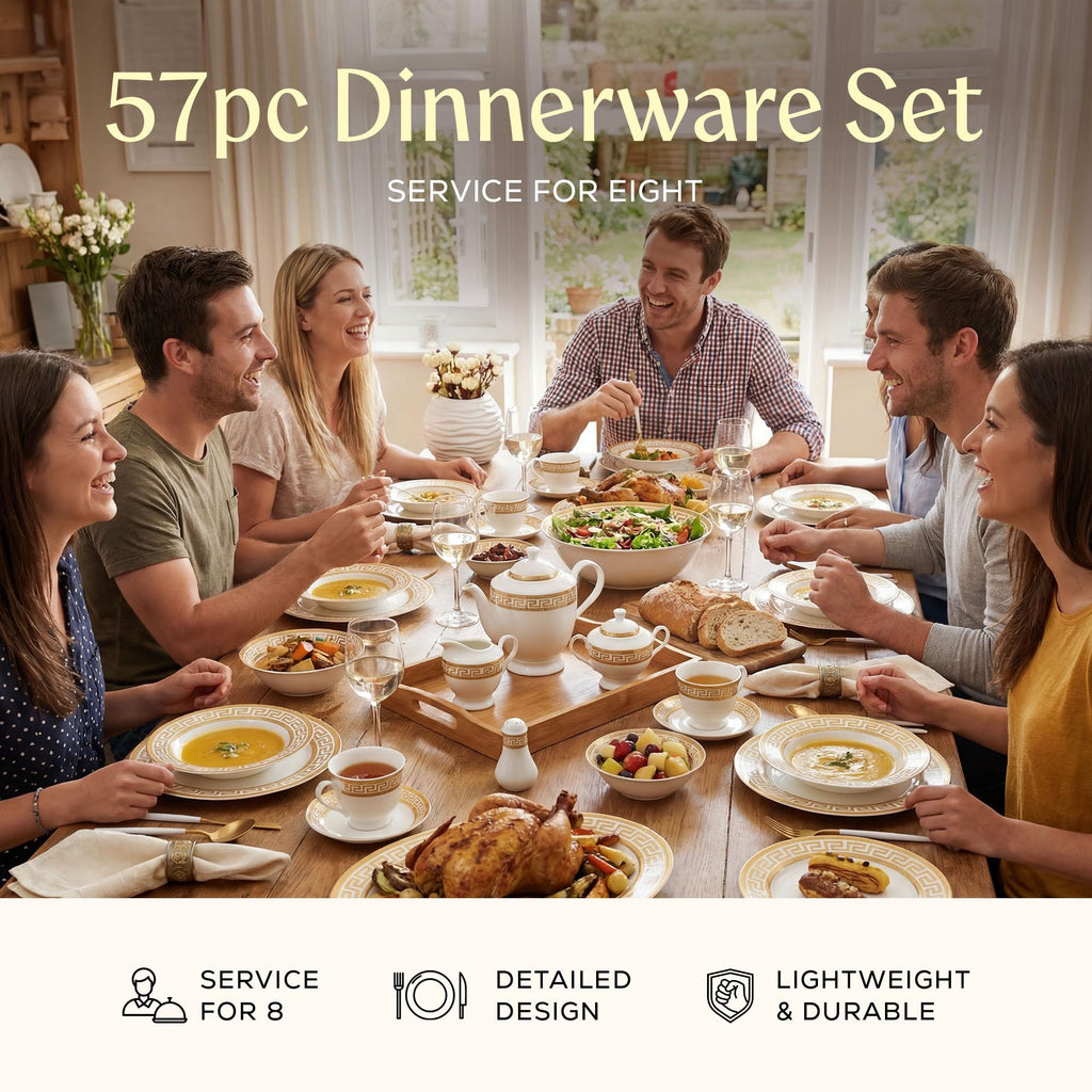 Golden Greek Key Bone China Dinnerware Set, 57-Piece