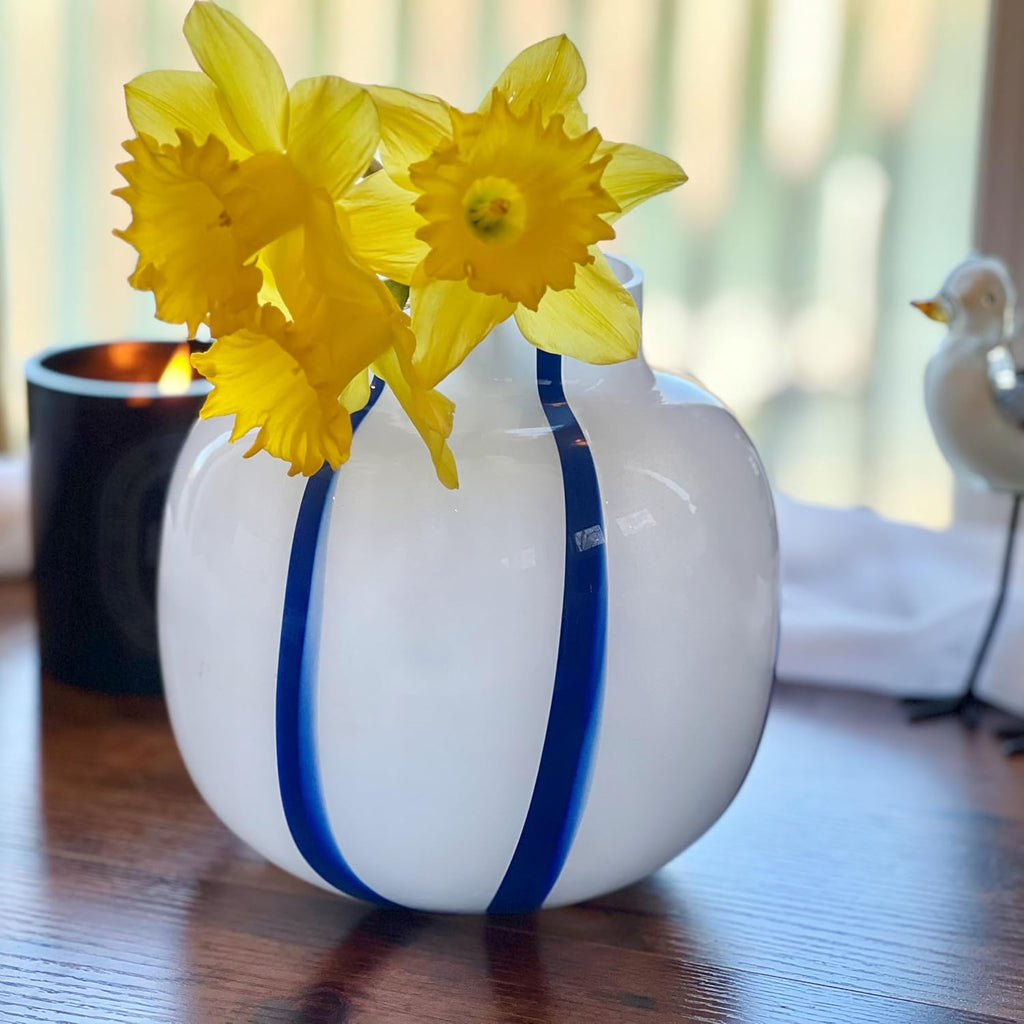 Coastal Blue and White Round Vase, Pomegranate Shape, Stripes, Glass, 7 Inches, Murano Style