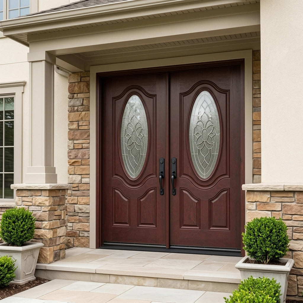 Fiberglass Double-Open Doors, Dark Mahogany Finish, Quick Install, Heavy-Duty Entry Doors (Right-Hand, Double
