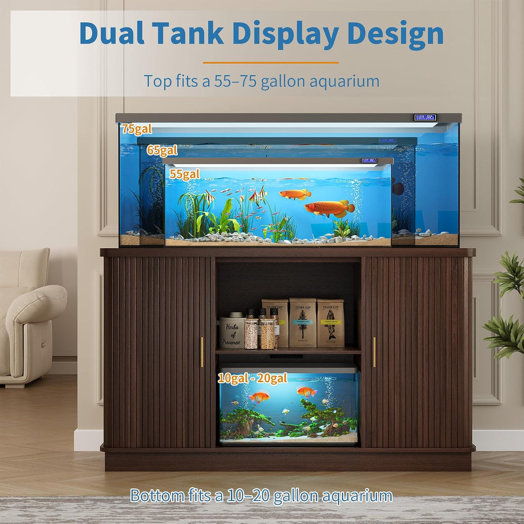 55-75 Gallon Fish Tank Stand with Power Outlet, Mid Century Modern Aquarium Stand with Adjustable Shelves and Sliding