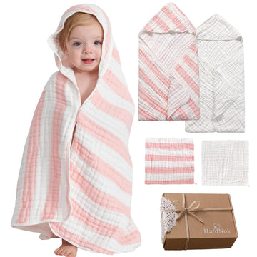 Organic Muslin Hooded Baby Bath Towel 4pc for Newborn - Pink Stripe