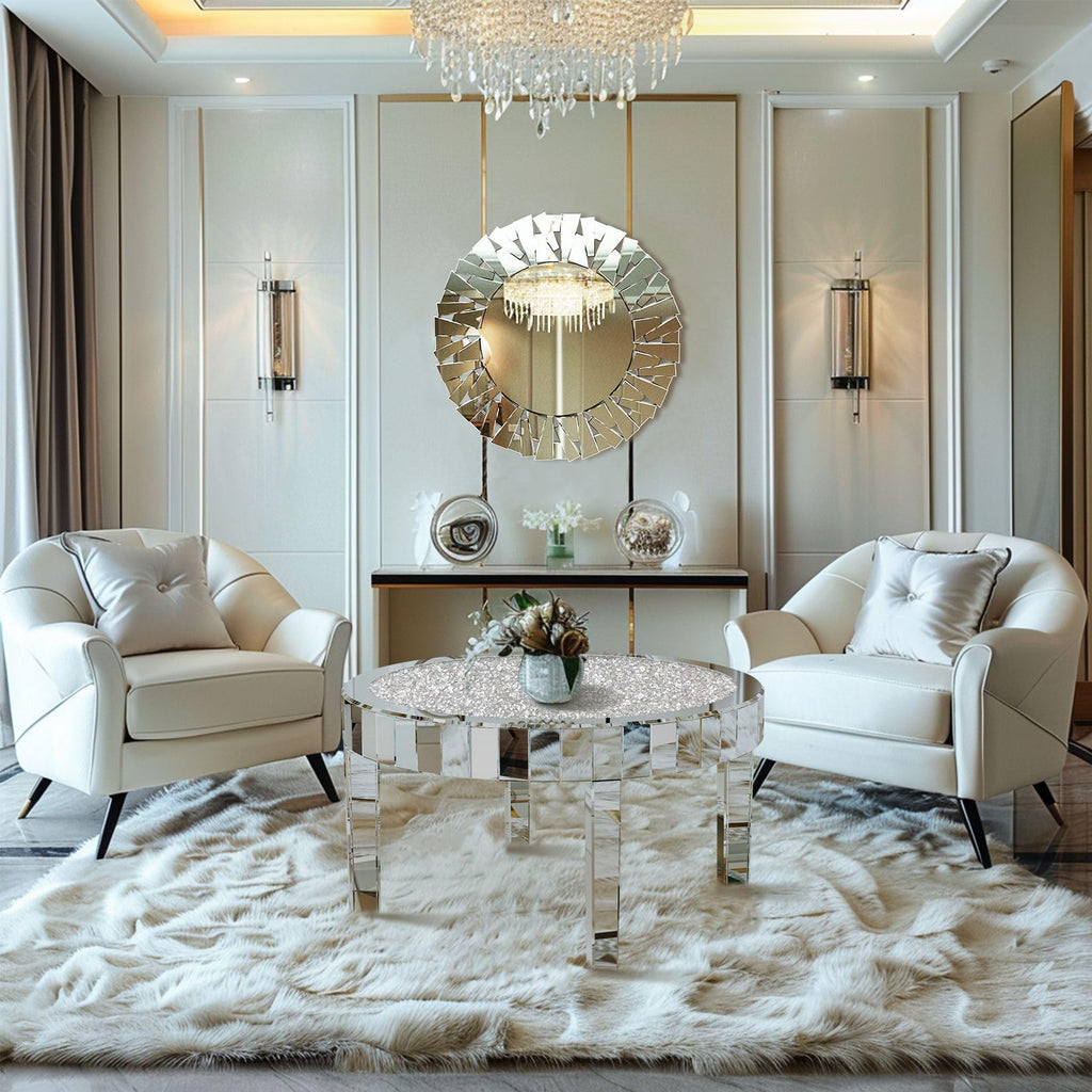 Silver Mirrored Coffee Table: 31.5in Round Crushed Diamond Tabletop