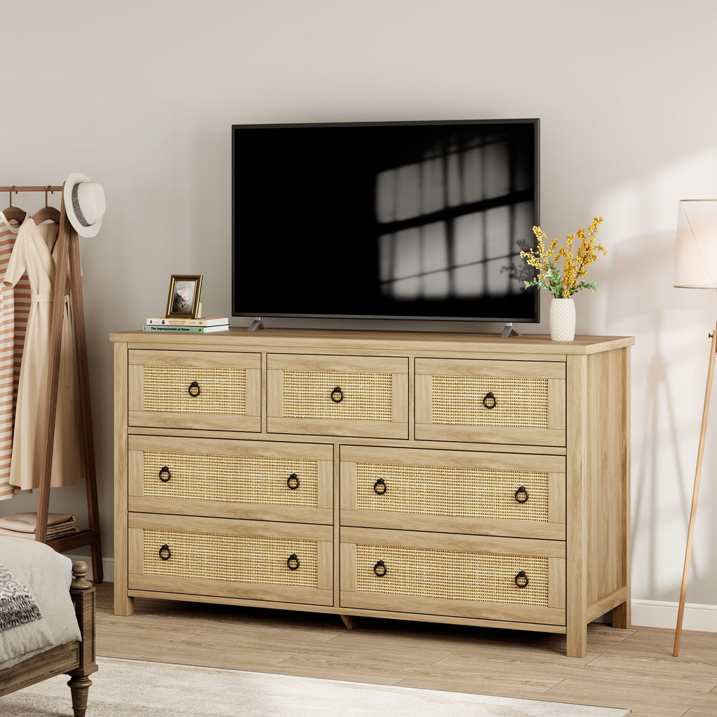 Rattan Dresser with 7 Drawers, 54'' Wide Chest of Drawers with Large Clothes Storage Cabinet, Wood Bedroom Dresser