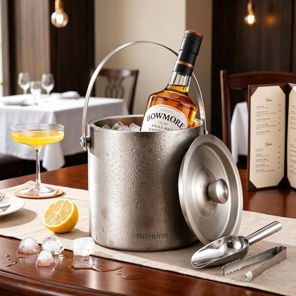 3L Double-Wall Stainless Steel Ice Bucket with Lid, Scoop, Tongs & Handle - Insulated Ice Container for Parties, Bar