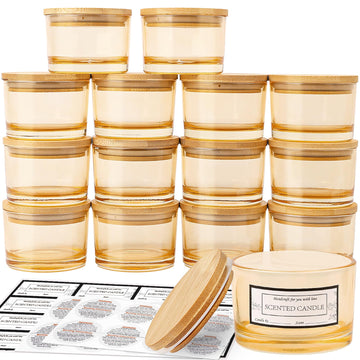 15 Pack 4oz Gold Amber Glass Candle Jars with Airtight Bamboo Lids