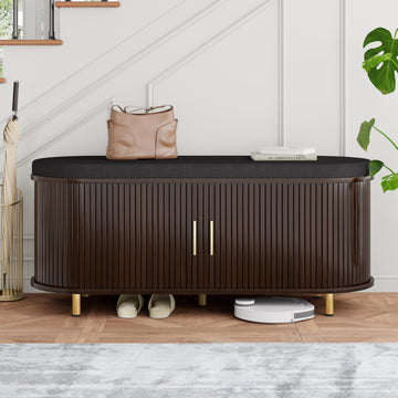 2-Tier Storage Bench, Wide Shoe Bench with Thickened Padded Seat Cushion, Mid Century Modern Fluted Sliding Door and