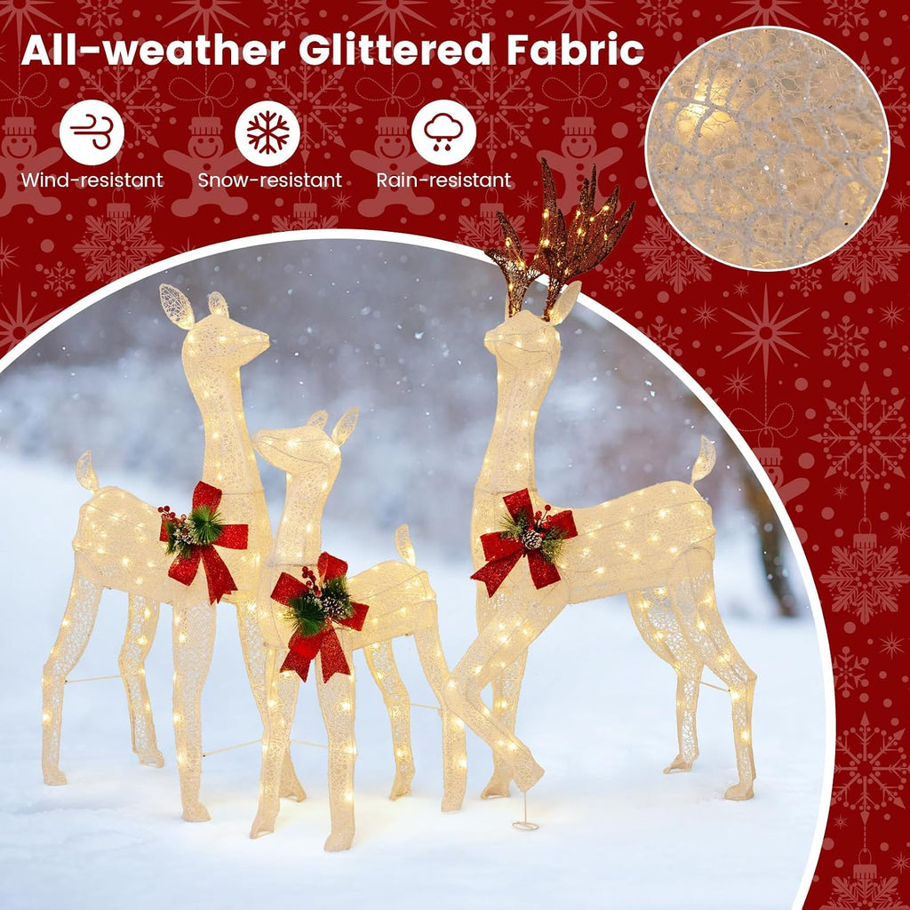 3-Piece Lighted Christmas Reindeer Family Set, Indoor Outdoor Christmas Decoration with 230 Warm Color Lights, Buck