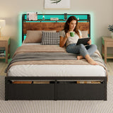 Queen Bed Frame with Headboard Storage, Platform Bed Frame Queen with 2 Drawers, Charging Station and LED Lights
