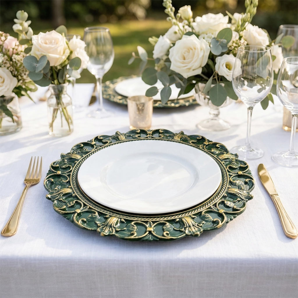 Green Charger Plates, 13 Inch Plate Chargers for Dinner Plates. Set of 6 Plastic Embossed Charger for Dinner, Party