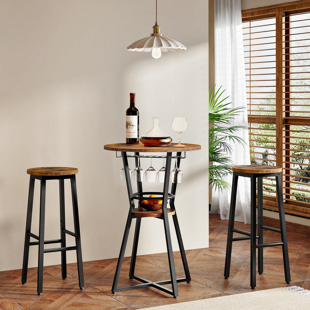 Round Bar Table, 2-Tier Counter Height Pub Table with Wine Glass Holder, Industrial Cocktail Table, for Small Space