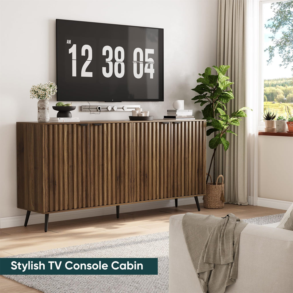 Walnut Buffet Cabinet with Storage, Large Sideboard Cabinet with 4 Fluted Doors and Metal Legs, Storage Cabinet with