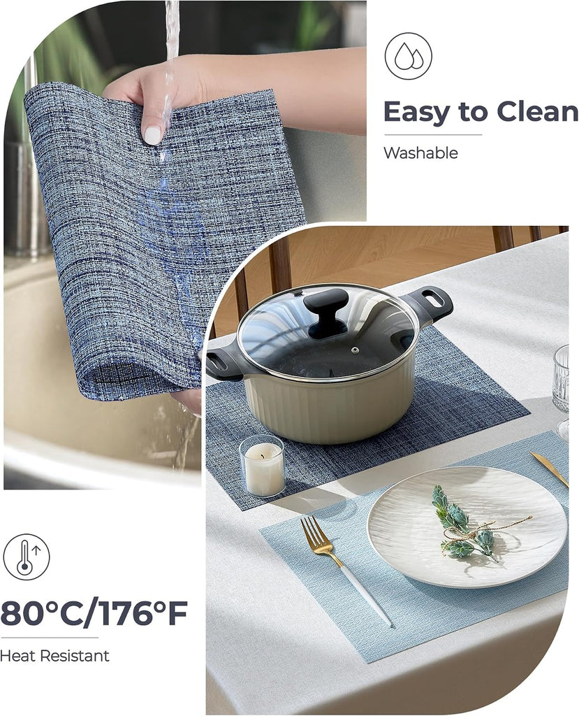Deep Navy Woven Placemats - Heat Resistant Non-Slip Place mats for Dining Table, Washable Durable PVC Vinyl - Set of 6
