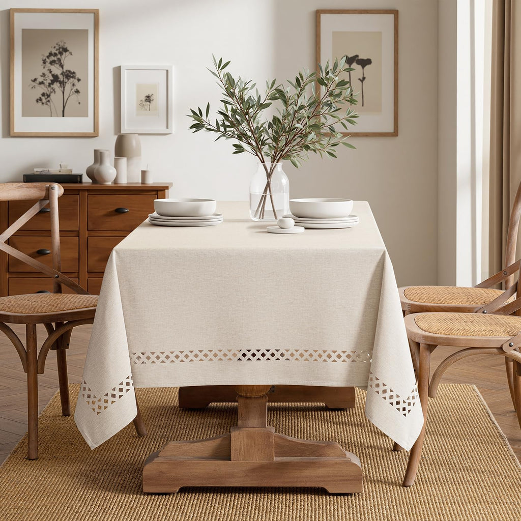 Beige Rectangle Tablecloth with Decorative Cutouts 60x104 inch