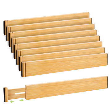 Drawer Organizer, Spring-Loaded Expandable Bamboo Dividers 8-Pack