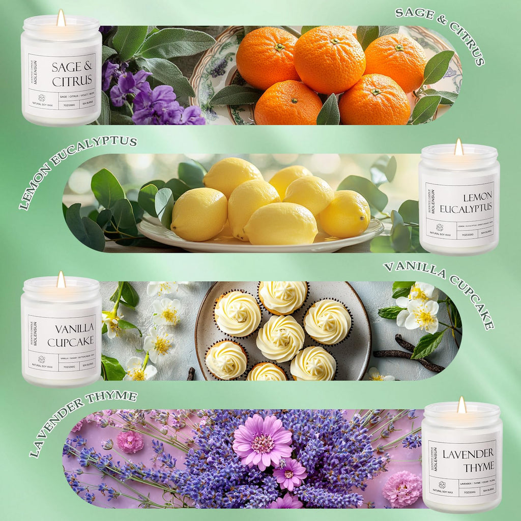 4 Pack Candles Scented, 28 oz Long Lasting Candles, Soy Set Gift for Women - Scents of Lemon Eucalyptus/Vanilla
