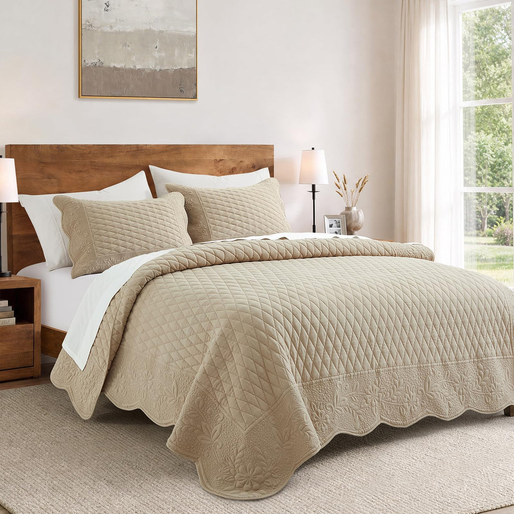 Khaki Pre-Washed Quilt Set, Embroidered Scalloped Edge Diamond Quilted Bedspread with Matching Pillow
