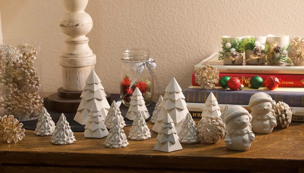 Modern Handcrafted Cast Stone Décor Christmas Forest - 4 Small Trees, 2 Medium Trees, 1 Large Tree, and 1 Snowman