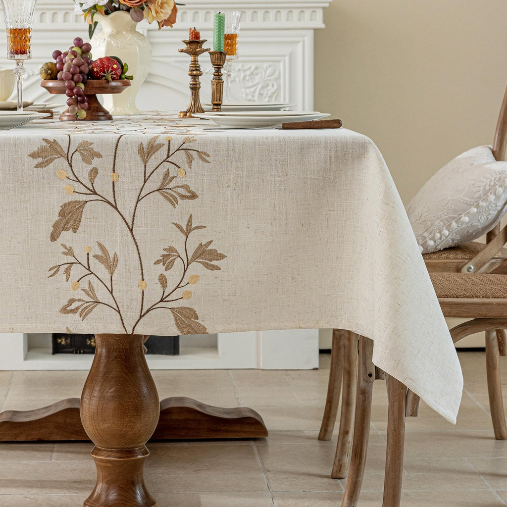 Rustic Waterproof Linen Tablecloth, Heavy Weight Beige Embroidery Table Cloths for Rectangle Tables, Burlap Farmhouse