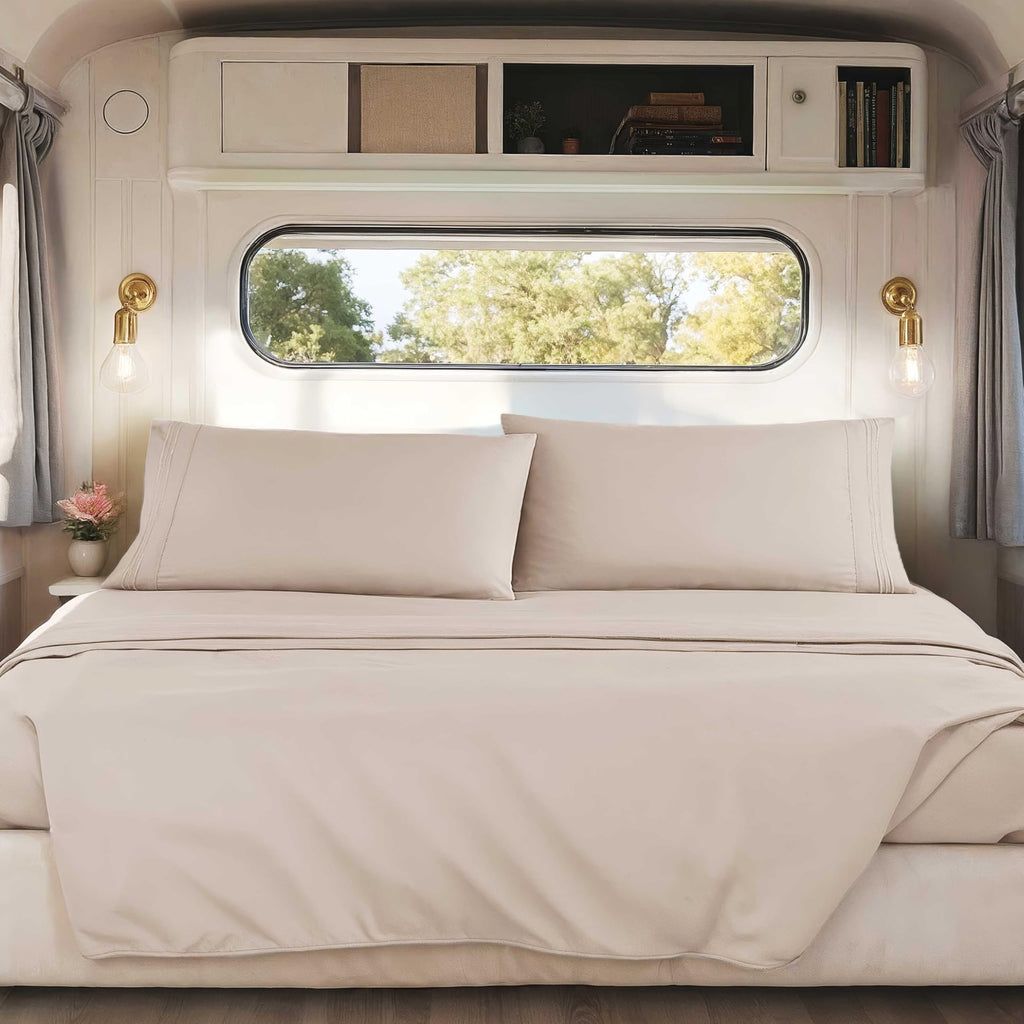 Short Queen Sheets for RV, Beige Cream RV Queen Sheets, Silky Soft 1800 Microfiber Bed Sheet for Camper, 4 Piece RV