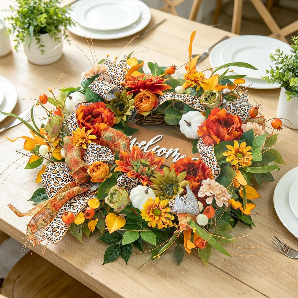 24 Inch Fall Wreaths for Front Door, Autumn Wreath with Welcome Sign