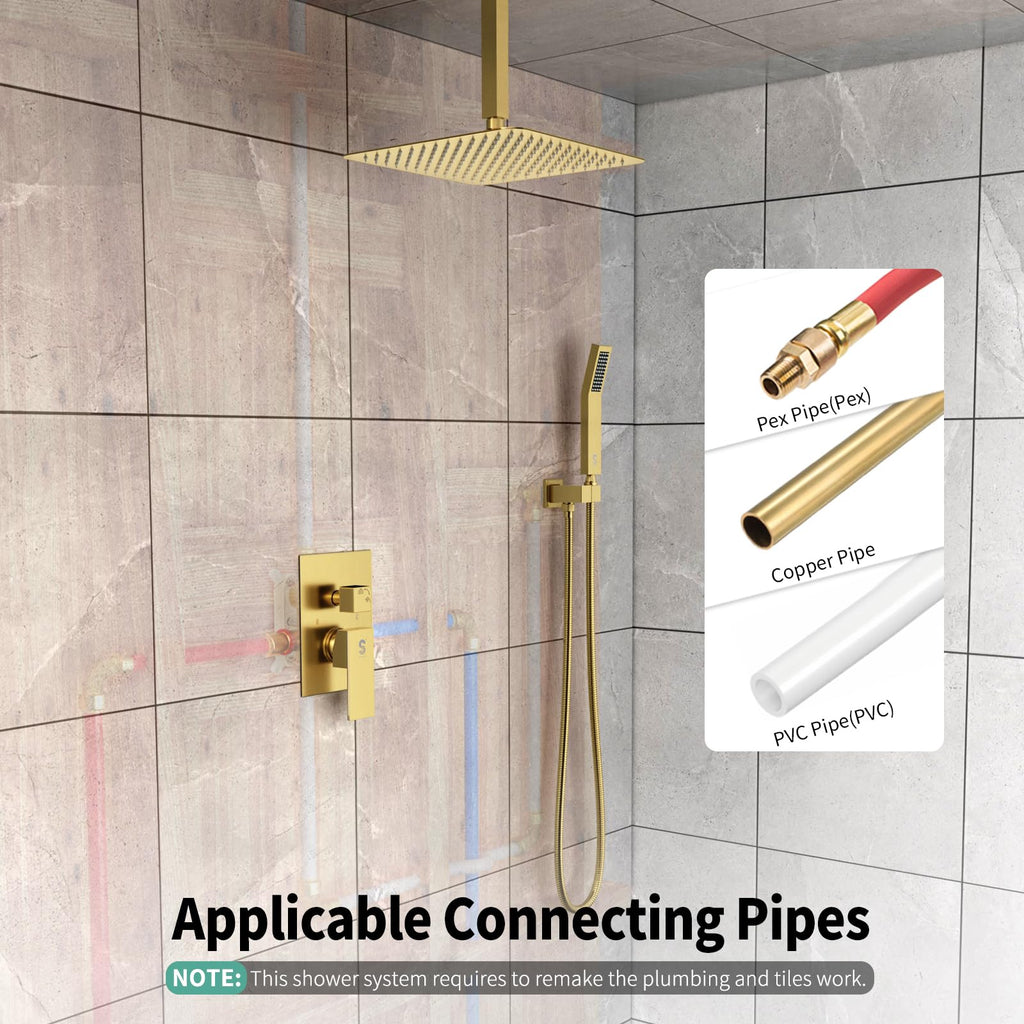 12 Inch Ceiling Mount Rain Shower System,Brushed Gold