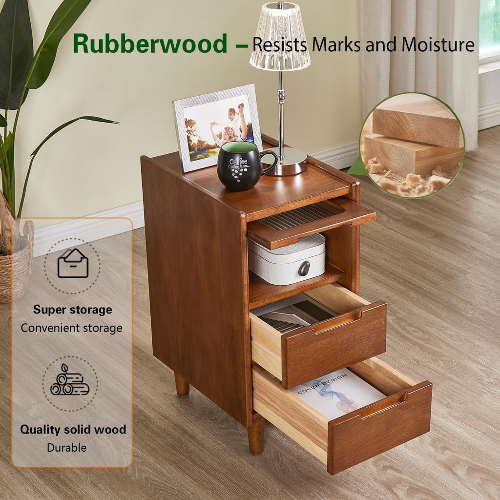 Solid wood Nightstand, Glass Door Storage Cabinet with 2 Drawers Walnut