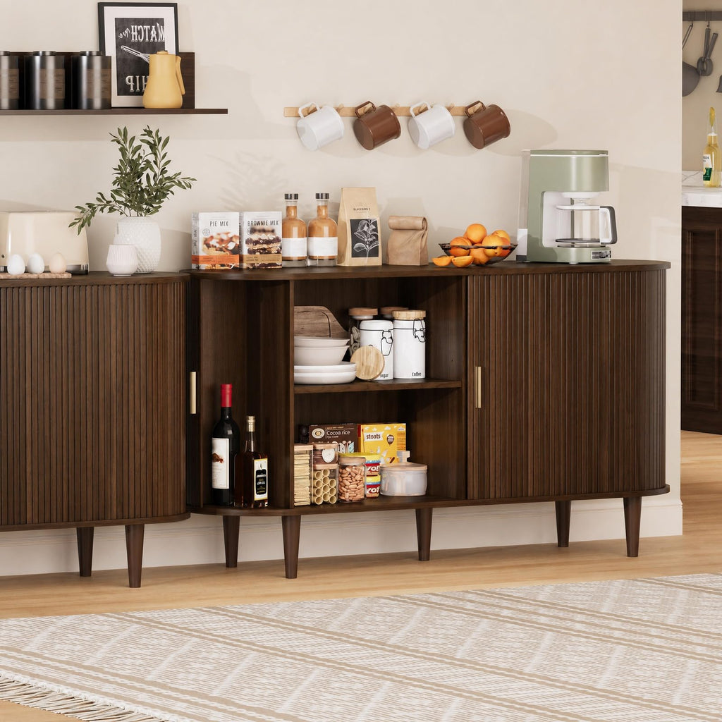 Sideboard Buffet Cabinet with Storage, Mid Century Modern Fluted Accent Coffee Bar Console Table, Tambour Sliding
