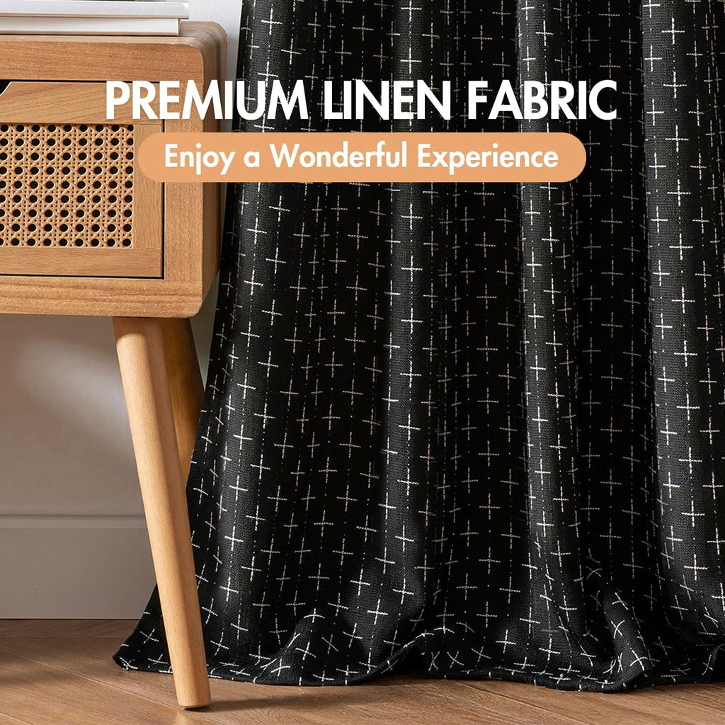 100% Blackout Decorative Linen Curtains with Geometric Pattern, Thick Woven Farmhouse Rustic Patterned Drapes with Back Tab for Bedroom and Living Room, Black, 52 x 84 Inches, 2 Panels