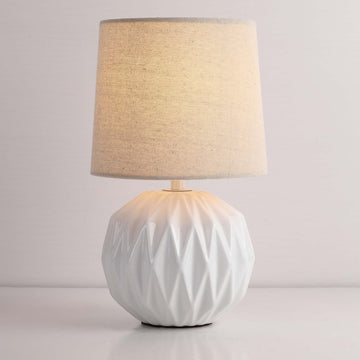 White Ceramic Table Lamp, Geometric Textured Small Bedside Lamp with Linen Shade, Mid Century Modern Nightstand Lamp