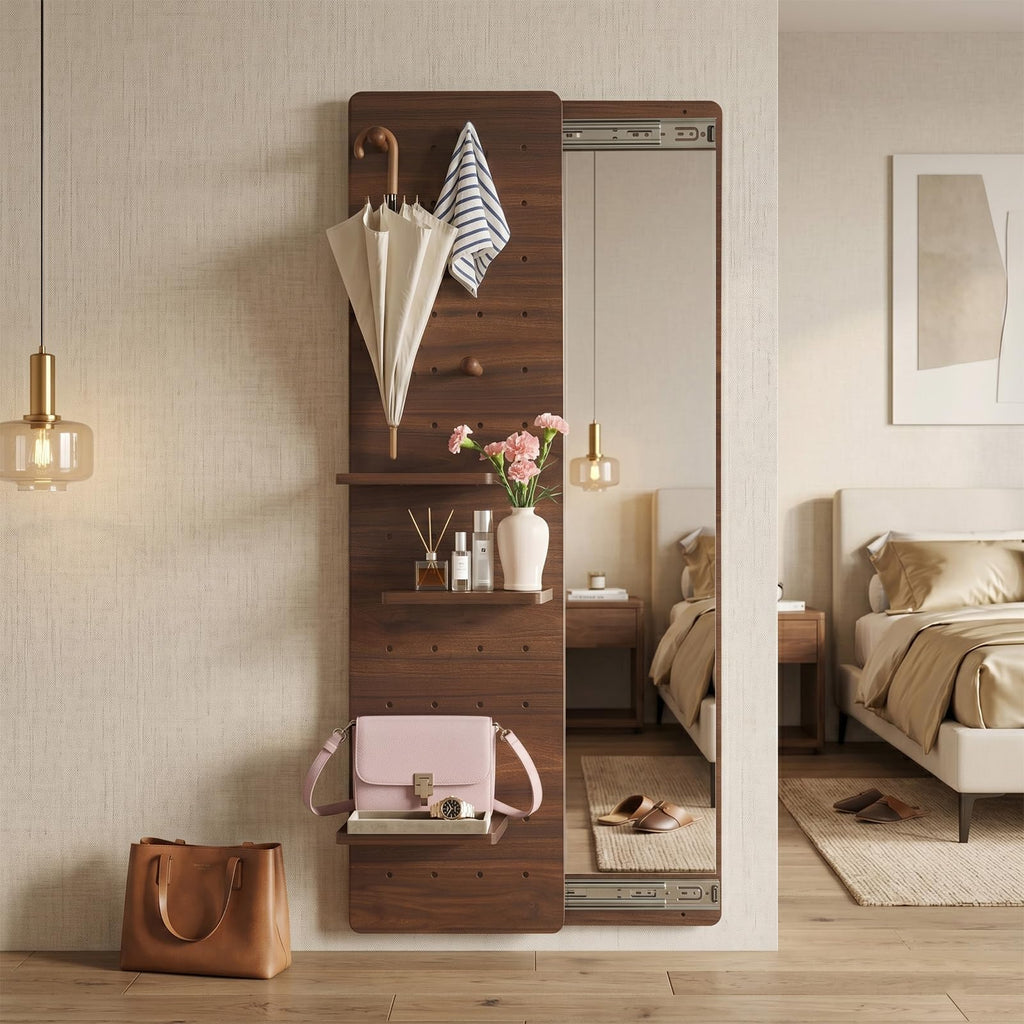 Full Length Mirror with Storage,Wall Mounted Mirror with Pegboard,Rotating Walnut Standing Entryway Mirror