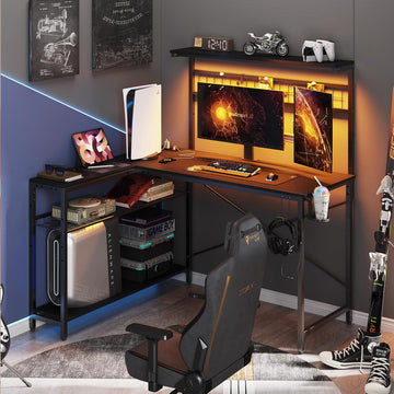 51" L Gaming Desk with Power Outlets LED Lights, Carbon Fiber Black | Reversible Design, LED Lights, Power Outlets