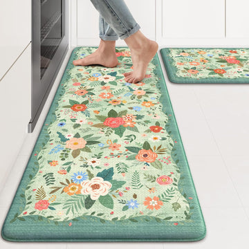 Anti Fatigue Mats Floor Green Farmhouse Kitchen Rugs | 17"x47"+17"x29" Kitchen Rugs Sets of 2 Cushioned Kitchen Floor
