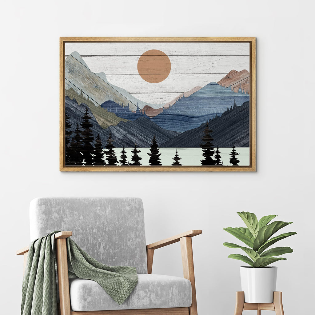 Framed Canvas Print Wall Art Blue Mountain Pine Forest Nature Wilderness Digital Art Wood Panel Landscape