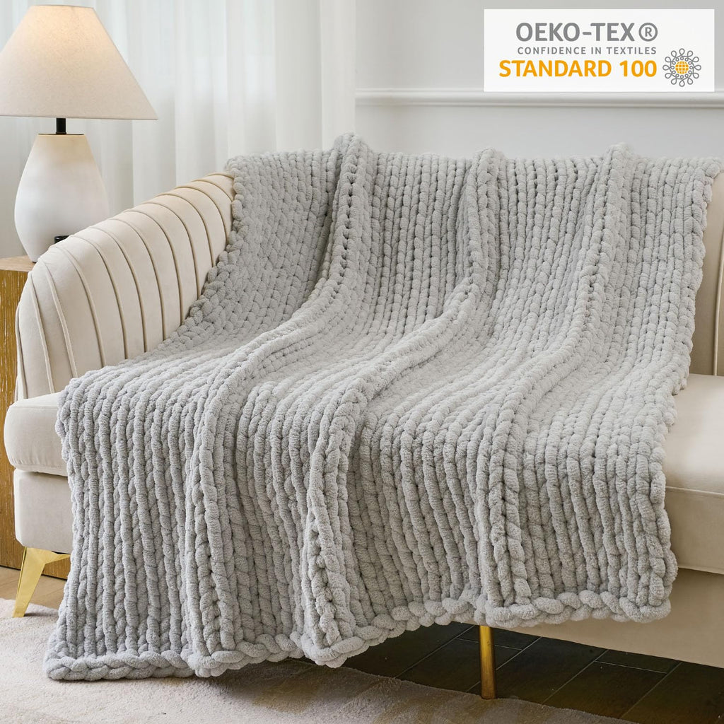 Chunky Knit Throw Blanket Newly Upgraded Heavy Tighter Version, Handmade Chenille Throw Super Soft, Thick Yarn Cable