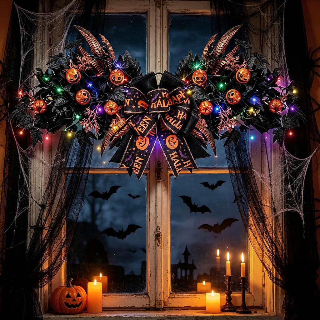 Halloween Front Door Swag Weath with LED Artificial Gothic Black Maple Glitter Evil Pumpkin Teardrop Swag